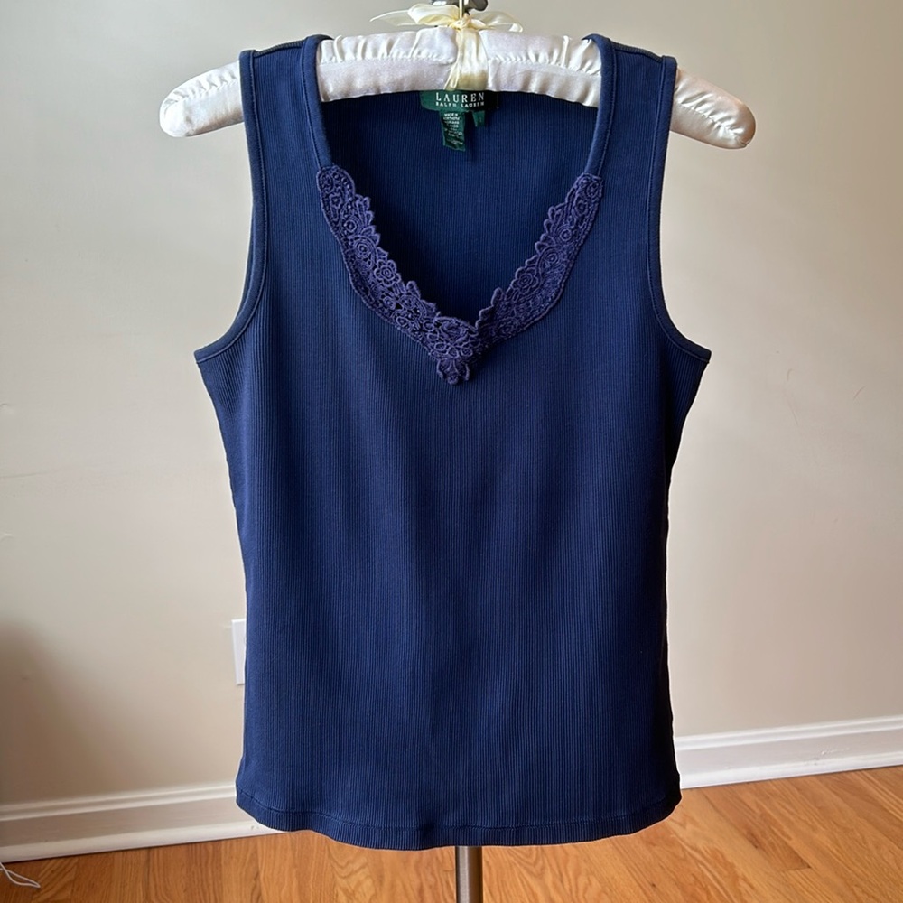 Ralph Lauren EUC Sz Small Navy Blue Women’s Ribbed Sleeveless Tee, 100% Cotton